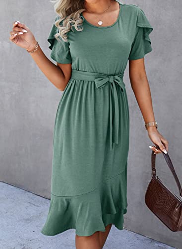 Dokotoo Womens 2023 Summer Spring Dresses Casual Wrap Round Neck Short Puff Sleeve Belt A-Line Ruffle Hem Formal Midi Dress Green Large