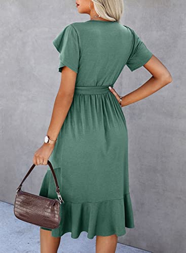 Dokotoo Womens 2023 Summer Spring Dresses Casual Wrap Round Neck Short Puff Sleeve Belt A-Line Ruffle Hem Formal Midi Dress Green Large