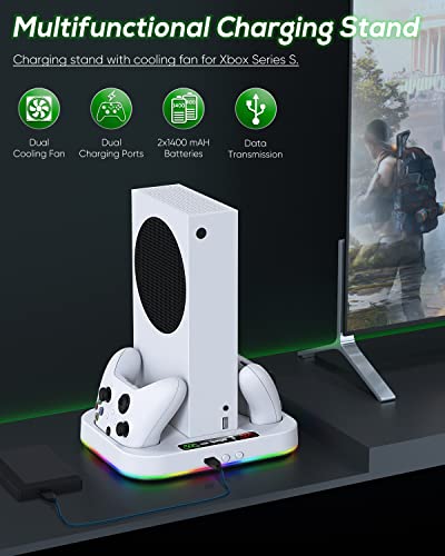 Cooling Fan Stand & RGB Light Strip for Xbox Series S,Dual Charger Station with 2 X 1400mAH Rechargeable Battery Pack,Charging Dock Accessories for XSS with 15 RGB Light Modes,USB2.0 Port for Sync