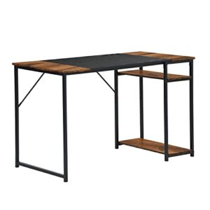 furniturer 55 inch study writing table with storage shelves space saving for home office, modern style pc metal frame computer desk, black&brown