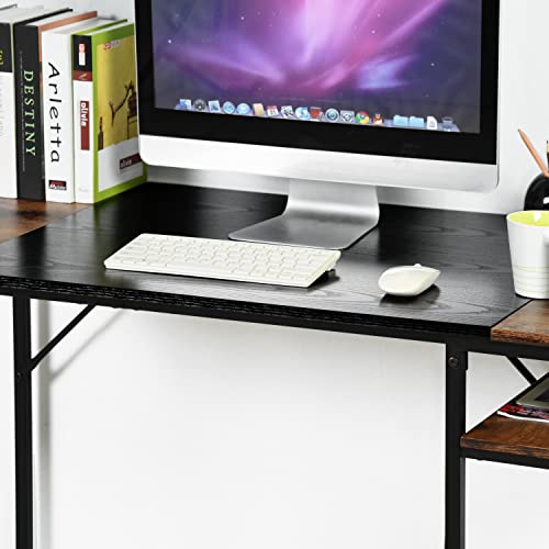 FurnitureR 55 inch Study Writing Table with Storage Shelves Space Saving for Home Office, Modern Style PC Metal Frame Computer Desk, Black&Brown