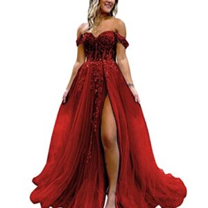 AIHKO Plus Size Lace Appliques Tulle Prom Dress 2023 Off The Shoulder Sweetheart Backless Burgundy Evening Formal Dresses for Teens Size 22W