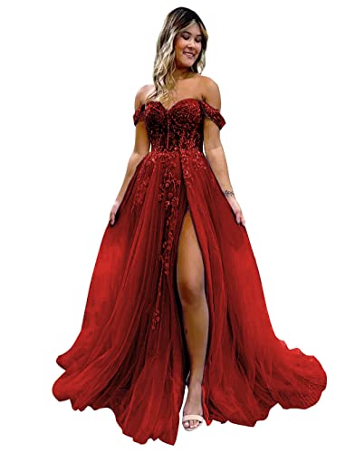 AIHKO Plus Size Lace Appliques Tulle Prom Dress 2023 Off The Shoulder Sweetheart Backless Burgundy Evening Formal Dresses for Teens Size 22W