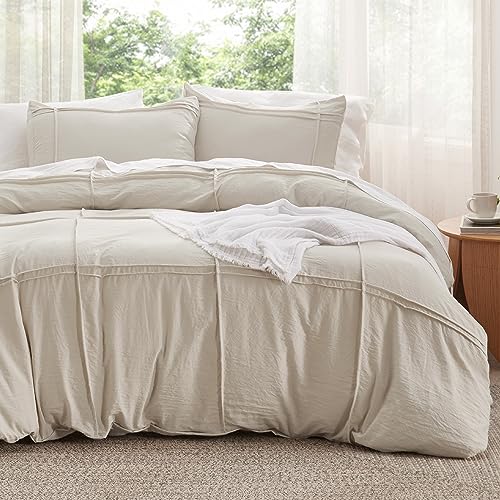 Bedsure Grid Tufted Duvet Cover Queen - Shabby Chic Kids Duvet Cover Set, 3-Piece Queen Size Boho Bedding Set for Children, Includes 1 All-Season Duvet Cover & 2 Pillowcases(Linen, Queen, 90"x90")