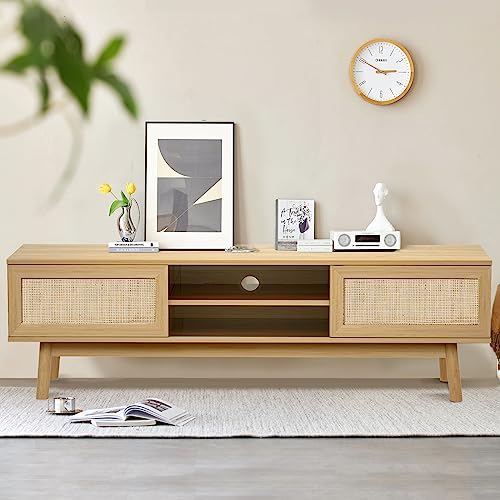 EOYUTLLY Farmhouse Rattan TV Stand 59" Boho tv Stand Muebles para TV with 2 Doors and 2 Open Shelves Mid Century Modern TV Stand for Living Room Bedroom Furniture