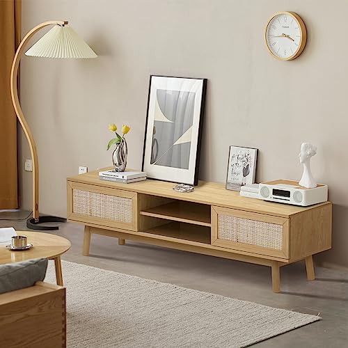 EOYUTLLY Farmhouse Rattan TV Stand 59" Boho tv Stand Muebles para TV with 2 Doors and 2 Open Shelves Mid Century Modern TV Stand for Living Room Bedroom Furniture