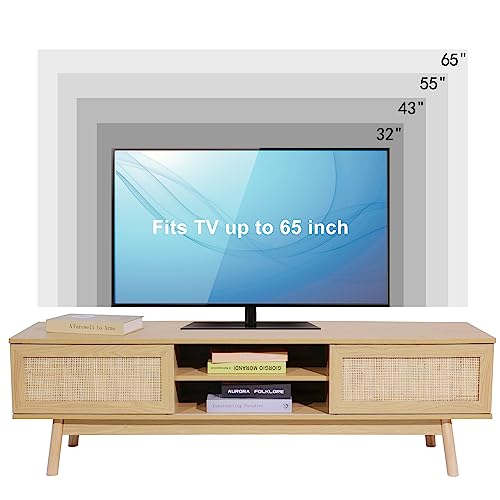 EOYUTLLY Farmhouse Rattan TV Stand 59" Boho tv Stand Muebles para TV with 2 Doors and 2 Open Shelves Mid Century Modern TV Stand for Living Room Bedroom Furniture