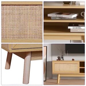 EOYUTLLY Farmhouse Rattan TV Stand 59" Boho tv Stand Muebles para TV with 2 Doors and 2 Open Shelves Mid Century Modern TV Stand for Living Room Bedroom Furniture