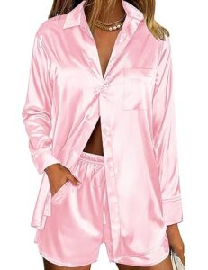 swomog casual pink outfits button down pajamas pjs women's silk satin long sleeve shirts and shorts 2 piece lounge sets