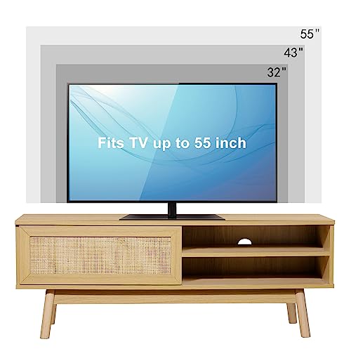 EOYUTLLY Farmhouse Rattan TV Stand 46.8" Boho tv Stand Muebles para TV with 1 Doors and 2 Open Shelves Mid Century Modern TV Stand for Living Room Bedroom Furniture