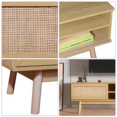 EOYUTLLY Farmhouse Rattan TV Stand 46.8" Boho tv Stand Muebles para TV with 1 Doors and 2 Open Shelves Mid Century Modern TV Stand for Living Room Bedroom Furniture