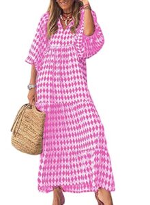 dokotoo spring dresses for women 2023 puff long sleeve boho printed hawaiian dresses v neck maxi dresses for wedding guest ruffle a line casual dresses for beach vacation large pink