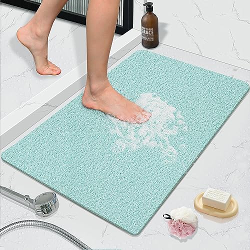 Shower Mat Bathtub Mat Non-Slip, Anti Slip Loofah Shower Mat, Soft Bath Tub Mat for Textured Surface, Easy Cleaning Bathroom Floor Mat for Wet Areas with Drain, Quick Dry (17x30 Inch, Blue)