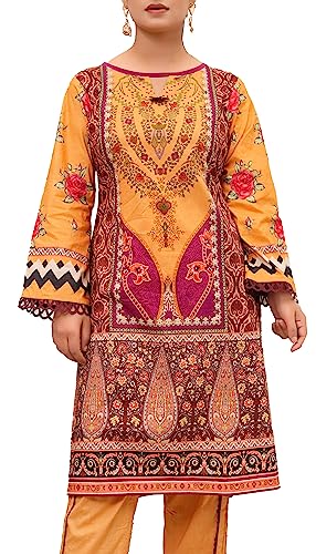 IshDeena Indian Kurtis for Women Indian Style Kurta Tops Pakistani Kurtis for Women Pure Cotton Digital Printed Long Shirts (Large/Mustard & Purple)