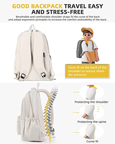 Lightweight School Backpack for Women Men, Laptop Travel Casual Daypack College Secondary School Bags Bookbag for Teenage Girls Boys, Beige