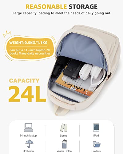 Lightweight School Backpack for Women Men, Laptop Travel Casual Daypack College Secondary School Bags Bookbag for Teenage Girls Boys, Beige