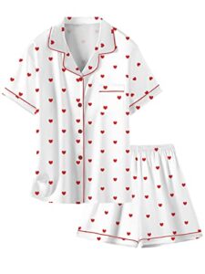 satin pajamas for womens, silk pajamas 2 pcs button down sleepwear short sleeve loungewear outfit for womens, d white heart, us s