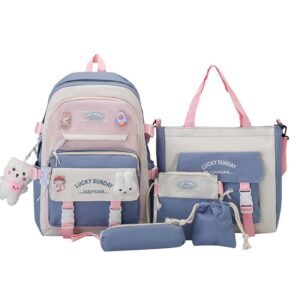 mwzing 5 piece backpack set kawaii backpack with cute bear doll and pins canvas backpack large capacity aesthetic shoulder bag
