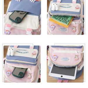 MWZING 5 Piece Backpack Set kawaii Backpack with Cute Bear Doll and Pins Canvas Backpack Large Capacity Aesthetic Shoulder bag