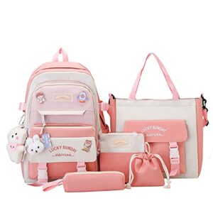 mwzing 5 piece backpack set kawaii backpack with cute bear doll and pins canvas backpack large capacity aesthetic shoulder bag