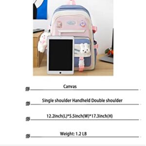 MWZING 5 Piece Backpack Set kawaii Backpack with Cute Bear Doll and Pins Canvas Backpack Large Capacity Aesthetic Shoulder bag