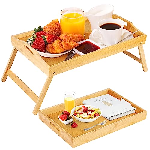 TURSTIN 2 Packs 19.7 x 12 Inch Large Bamboo Bed Tray Table with Folding Legs Natural Serving Breakfast in Bed Tray Food Tray Multi-Use Serving Platters Tray with Handles for Reading, Working, Eating