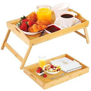 turstin 2 packs 19.7 x 12 inch large bamboo bed tray table with folding legs natural serving breakfast in bed tray food tray multi-use serving platters tray with handles for reading, working, eating