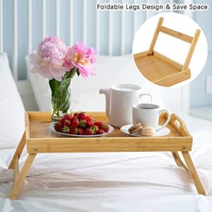 TURSTIN 2 Packs 19.7 x 12 Inch Large Bamboo Bed Tray Table with Folding Legs Natural Serving Breakfast in Bed Tray Food Tray Multi-Use Serving Platters Tray with Handles for Reading, Working, Eating