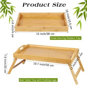 TURSTIN 2 Packs 19.7 x 12 Inch Large Bamboo Bed Tray Table with Folding Legs Natural Serving Breakfast in Bed Tray Food Tray Multi-Use Serving Platters Tray with Handles for Reading, Working, Eating