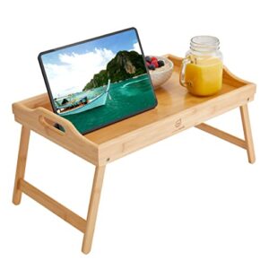 jumbleware bamboo bed tray. portable wooden breakfast in bed serving table set with folding legs & carry handles for eating food or working on laptop. great home gift for women, men, kids & elderly