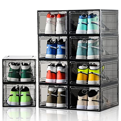 Amllas 10 Pack Shoe Boxes Stackable,Upgraded Sturdy Shoe Storage Boxes with Clear Magnetic Door,Multifunctional Sneaker Storage, Shoe Box Organizer Fit up to US Size 12 Gray(13.8”x 9.84”x 7.1”)