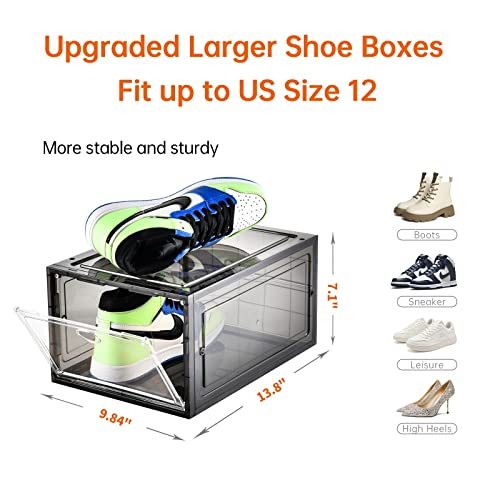 Amllas 10 Pack Shoe Boxes Stackable,Upgraded Sturdy Shoe Storage Boxes with Clear Magnetic Door,Multifunctional Sneaker Storage, Shoe Box Organizer Fit up to US Size 12 Gray(13.8”x 9.84”x 7.1”)