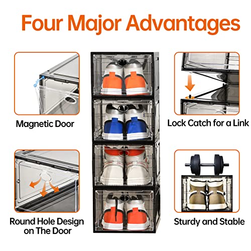 Amllas 10 Pack Shoe Boxes Stackable,Upgraded Sturdy Shoe Storage Boxes with Clear Magnetic Door,Multifunctional Sneaker Storage, Shoe Box Organizer Fit up to US Size 12 Gray(13.8”x 9.84”x 7.1”)