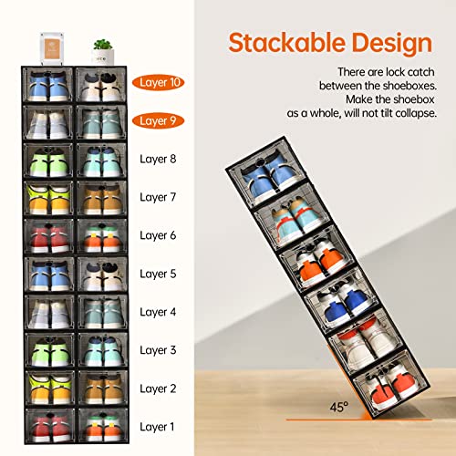 Amllas 10 Pack Shoe Boxes Stackable,Upgraded Sturdy Shoe Storage Boxes with Clear Magnetic Door,Multifunctional Sneaker Storage, Shoe Box Organizer Fit up to US Size 12 Gray(13.8”x 9.84”x 7.1”)