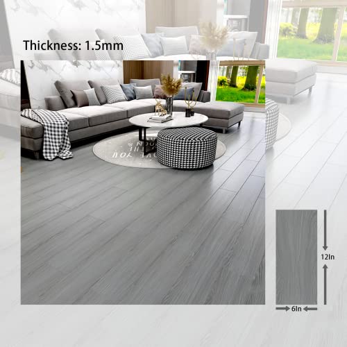 Intensification Peel and Stick Floor Tile，Vinyl Flooring Roll Thicker 12" x 6" x 0.06" 1-Pack 1.5 Sq.Ft Floor Grey Wood Grain Look DIY Self-Adhesive and Waterproof Flooring for Bedroom, Living Room