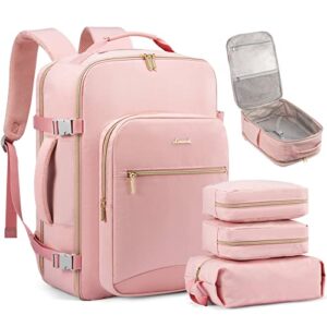 lovevook travel backpack women, carry on backpack as personal item flight approved, tsa 17.3inch laptop backpack with 3 packing cubes college casual daypack for weekender overnight hiking, pink