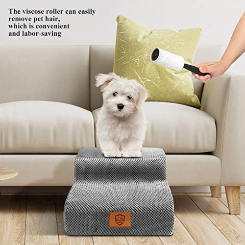 OZD High Density Foam Dog Stairs 2 Tiers, Non-Slip Dog Ramp with Removable Washable Fabric Cover, Waterproof Pet Ladder for Sofa Bed Stool Window, with 1 Lint Roller, Grey