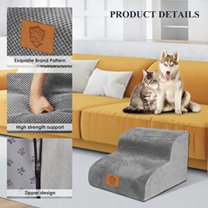 OZD High Density Foam Dog Stairs 2 Tiers, Non-Slip Dog Ramp with Removable Washable Fabric Cover, Waterproof Pet Ladder for Sofa Bed Stool Window, with 1 Lint Roller, Grey