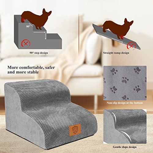 OZD High Density Foam Dog Stairs 2 Tiers, Non-Slip Dog Ramp with Removable Washable Fabric Cover, Waterproof Pet Ladder for Sofa Bed Stool Window, with 1 Lint Roller, Grey