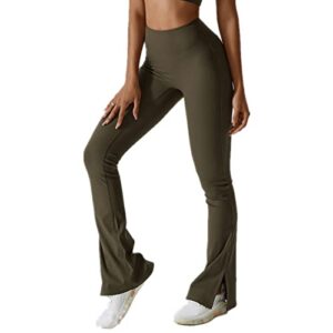 abociw women ribbed seamless slit hem flared leggings high waist bootcut yoga pants tummy control workout bootleg pants dark green medium