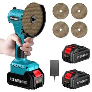 cordless grinder[2023 upgrade], seesii 21v brushless mini angle grinder tools w/ 2x 4000mah batteries & 4 pcs disc, 19500rpm 180° rotatable compact power angle grinders for metal cutting,grinding