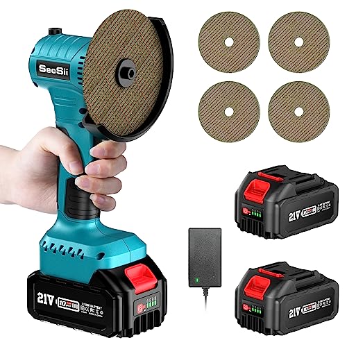 Cordless Grinder[2023 UPGRADE], Seesii 21V Brushless Mini Angle Grinder Tools w/ 2x 4000mAh Batteries & 4 Pcs Disc, 19500RPM 180° Rotatable Compact Power Angle Grinders for Metal Cutting,Grinding