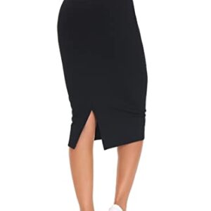 THE GYM PEOPLE Women's High Waist Tummy Control Pencil Skirts Stretchy Bodycon Midi Skirt Below Knee with Back Slit Black