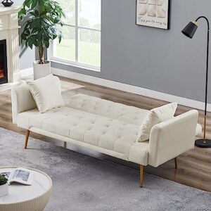 72"Modern Velvet Sofa Bed Futon,Convertible Folding Sleeper Bed Couches with 3 Adjustable Backrests,Tufted Recliner Love Seat with Golden Chrome Legs for Living Room Apartment Home Office (Beige)