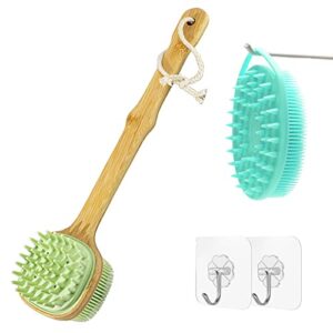 back scrubber for shower with 2 in 1 bath and shampoo brush, bath brush dual-sided long handle back scrubber body exfoliator for wet or dry brushing (green)