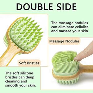 Back Scrubber for Shower with 2 in 1 Bath and Shampoo Brush, Bath Brush Dual-Sided Long Handle Back Scrubber Body Exfoliator for Wet or Dry Brushing (Green)