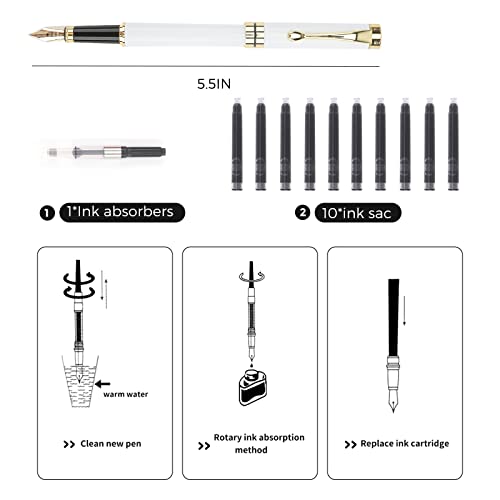 Tiankool Luxury Fountain Pen,Fine Nib, Exquisite Pen Gift Set for Men&Women-Includes 10 Ink Cartridges&Ink Converter- Nice Pens - White