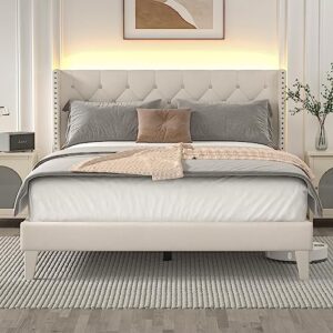 dogibixo full size bed frame with wingback headboard, upholstered platform bed frame with diamond tufted headboard & lights, wood slat, easy assembly, noise-free, no box spring needed, beige