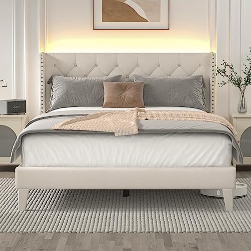 DOGIBIXO Full Size Bed Frame with Wingback Headboard, Upholstered Platform Bed Frame with Diamond Tufted Headboard & Lights, Wood Slat, Easy Assembly, Noise-Free, No Box Spring Needed, Beige