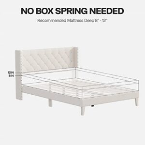 DOGIBIXO Full Size Bed Frame with Wingback Headboard, Upholstered Platform Bed Frame with Diamond Tufted Headboard & Lights, Wood Slat, Easy Assembly, Noise-Free, No Box Spring Needed, Beige